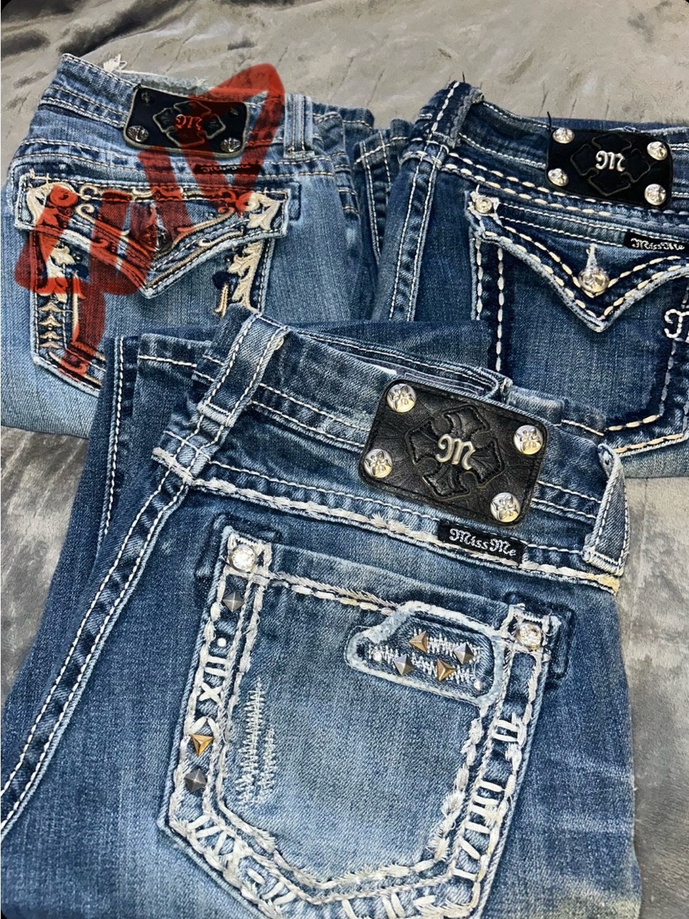 Miss Me Women's Blue Embroidered Boot Cut Jeans with Stud Accents